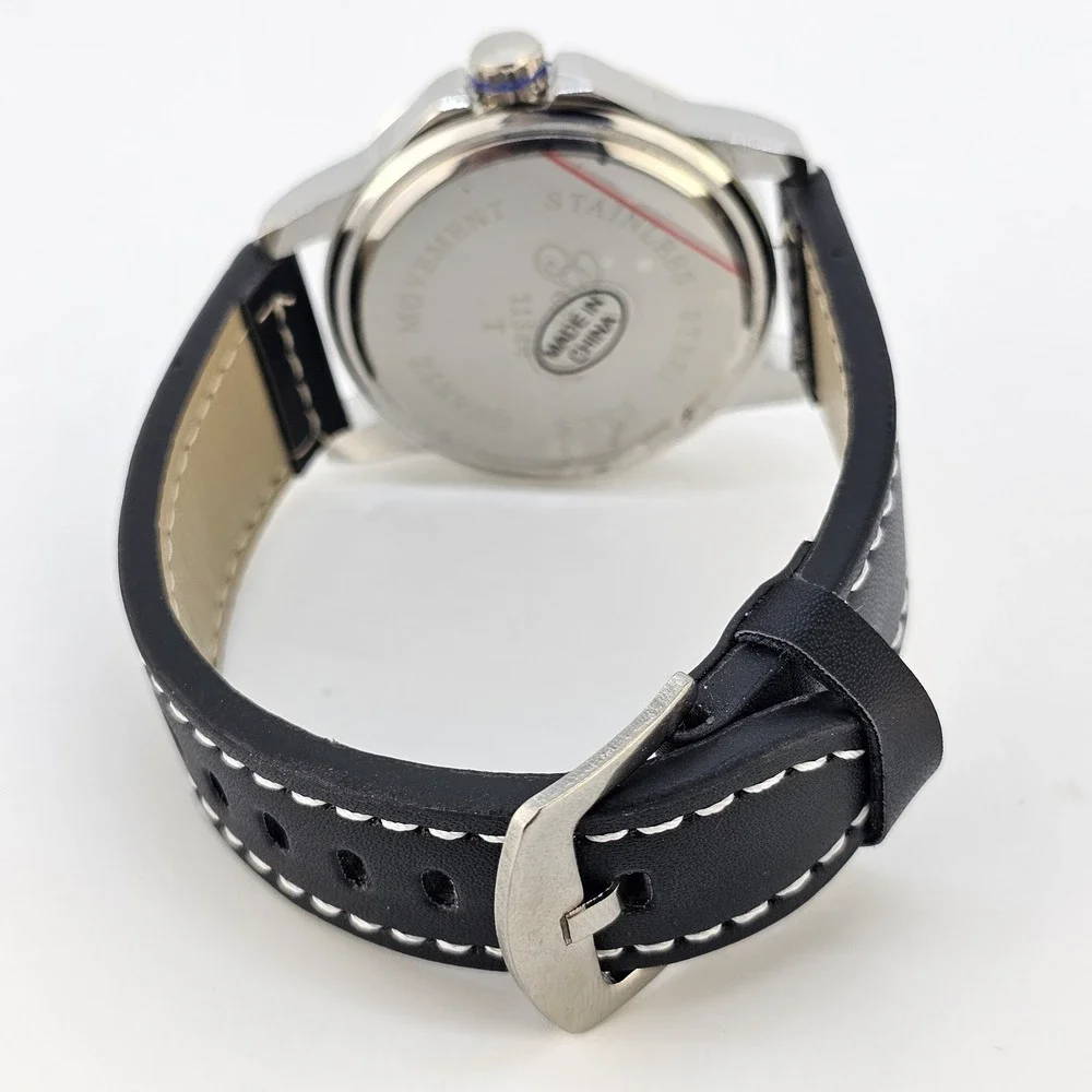 44MM Men's Minimalist Watch Black Dial Black Faux Leather Bands New Battery